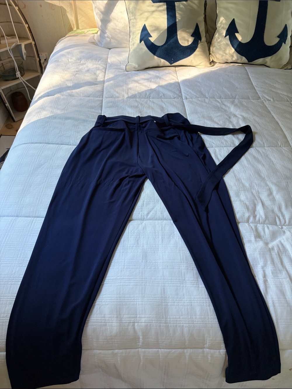 Express Navy Blue Paperbag Waist Trousers Pockets and Sash Stretchy
